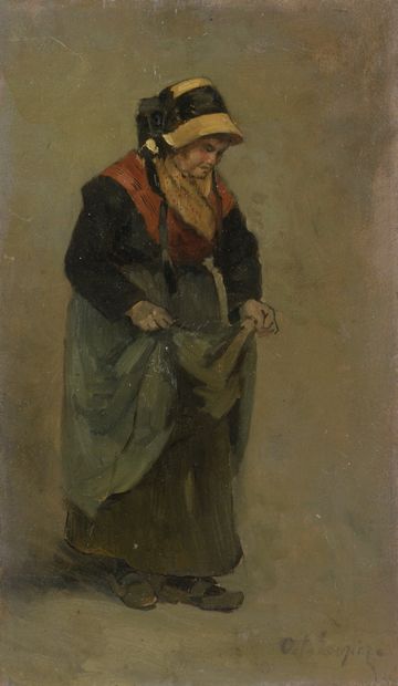 null École FRANÇAISE XIXe siècle 


Femme au chapeau de paille 


Huile sur panneau.


Trace...