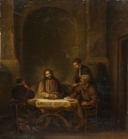 null 19th century school, after REMBRANDT

Emmaus Pilgrims

Oil on panel.

31 x 30...