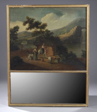 null TRUMEAU à baguettes dorées, à miroir surmonté d’une peinture du XVIIIe siècle...