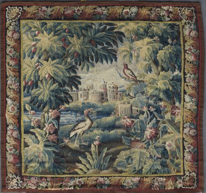 null Polychrome TAPESTRIES with birds in a clearing by a river with factories. Border...