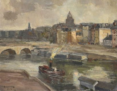 null Paul HANNAUX (1897-1954)

The Saint-Michel Bridge and tugboat on the Seine,...
