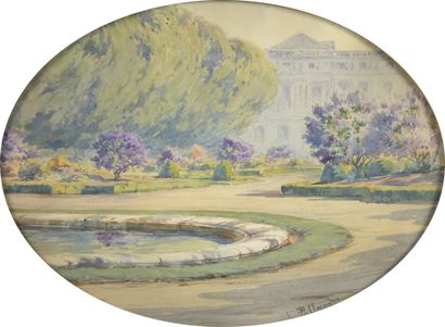 null L. PALLANDRE (XIXe siècle)


Le Parc 


Aquarelle à vue ovale.


Signée en bas...