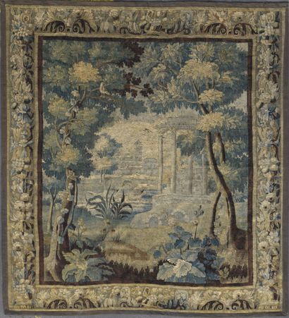 null Wool and silk TAPESTRIES decorated with two swans on a river near the ruins...