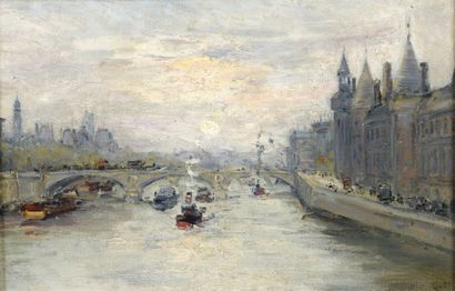 null Attribué à Gustave MADELAIN (1867-1944)


Vue de la Seine avec le pont au Change,...