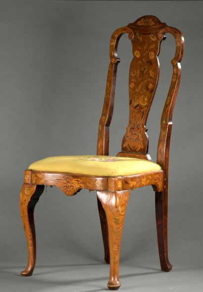High-back chair in walnut inlaid with flowers,...