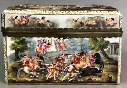 null Porcelain box with polychrome decoration of mythological scenes, gilded brass...