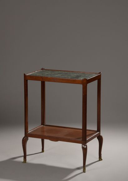 null Small mahogany and mahogany veneered rectangular coffee table, marble top, shelf...