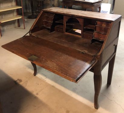null Rustic sloping desk in walnut opening with a flap and a drawer on the belt,...