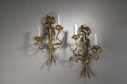 Pair of gilt bronze and chased bronze two-light...