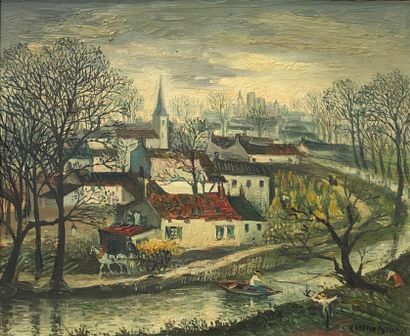  Jean RAFFY LE PERSAN (1920-2008) 
Lively village in winter 
Oil on panel, signed...