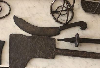 null Set of wrought iron and metal tools including: axe, serpent, chisel, scissors,...