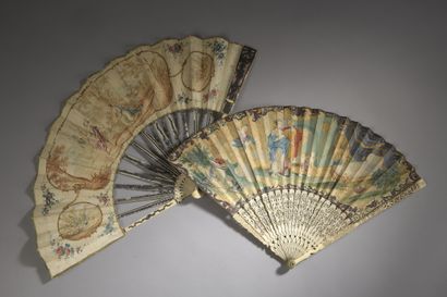 Two fans, one painted of a gallant scene...