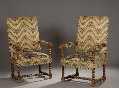 Pair of armchairs in moulded wood and richly...