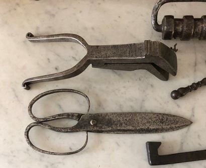  Set of wrought iron and metal tools including: axe, serpent, chisel, scissors, stirrups...