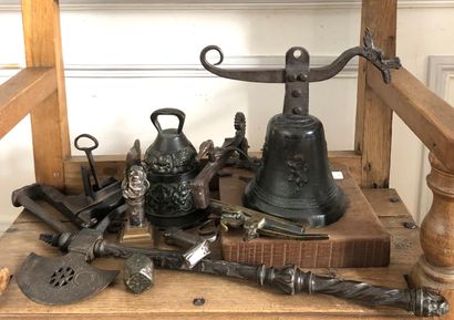 null Set of metal trinkets including bells, axe, head and various elements