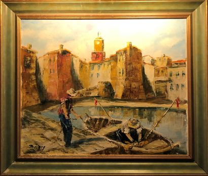  Richard BERGON (20th century) 
Fishermen in Saint Tropez 
Oil on canvas signed lower...