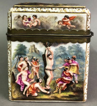 null Porcelain box with polychrome decoration of mythological scenes, gilded brass...