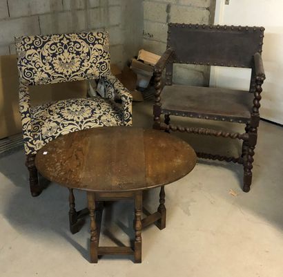 Two Louis XIII style armchairs, one upholstered...