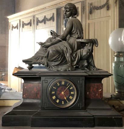 null Clock with Roman numerals representing a woman in the antique style on a black...
