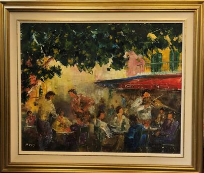  Richard BERGON (XXème siècle) 
Le Café des Arts à Saint Tropez 
Huile sur toile...
