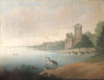 null School of the XIXth century

Ruins, waders and ducks on a lake shore

Oil on...