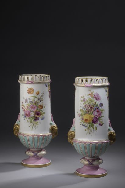 Pair of porcelain scroll vases with painted...