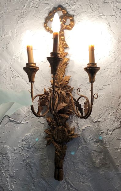 Pair of gilded and sculpted wood three-light...