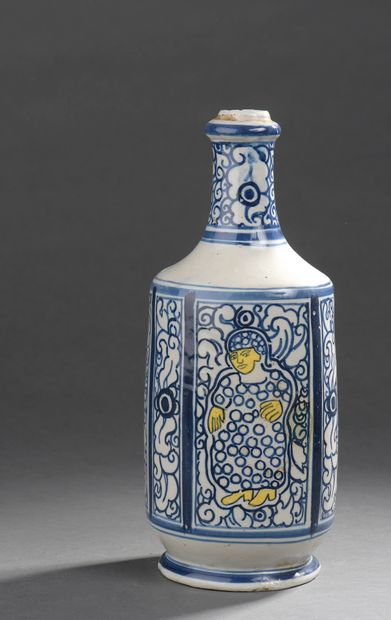 Blue-white glossy vase with characters decoration,...
