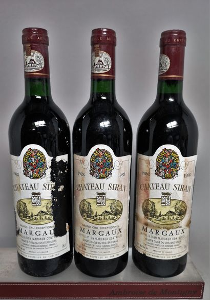 null 3 bouteilles Château SIRAN - Margaux 1988 

Etiquettes tachées et abimées.