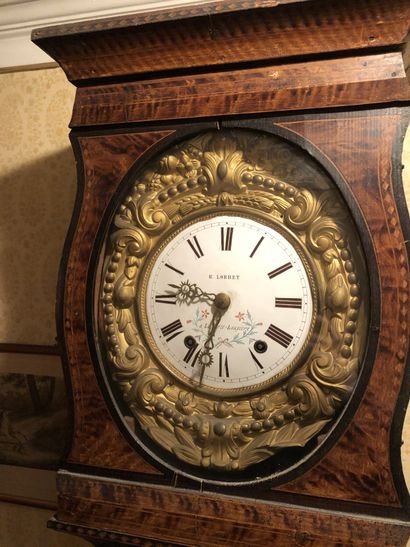 null Comtoise clock in moulded wood and inlaid with an animated scene, white enamelled...