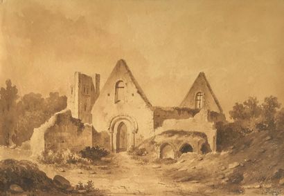 null School of the 19th century

Ruins in a landscape

Ink and brown wash on paper

Bears...