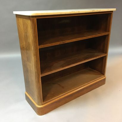 null Low bookcase or bibus in varnished wood decorated with light wood fillets, with...