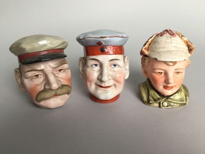 null Lot of 11 tobacco pots including : 

 - Head of indochinese skirmisher.

Glazed...