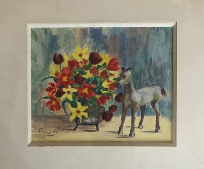 null APCHER (20th century)

Lot including : 

- Still life with a horse and a bunch...