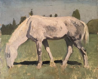  Lot including : 
- 20th century school 
Horse drinking 
Oil on canvas. 
Bears a...