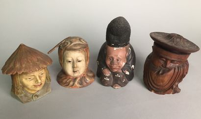 null Set of 4 various tobacco jars on Asian theme, with wooden wise child's head....