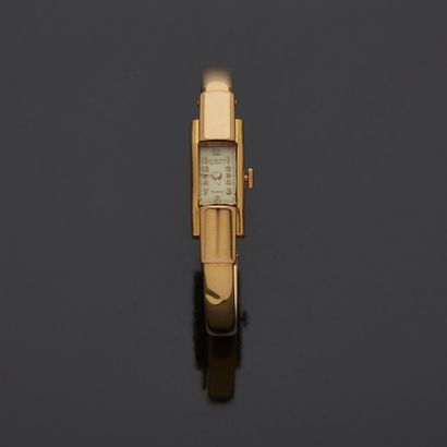 null STAND - Ladies' 18K yellow gold 750‰ wristwatch, rectangular-shaped case, silver...