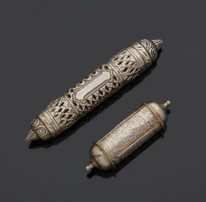  Lot including: 
- a silver Megillah case 2nd title 800‰, of cylindrical form, pierced...