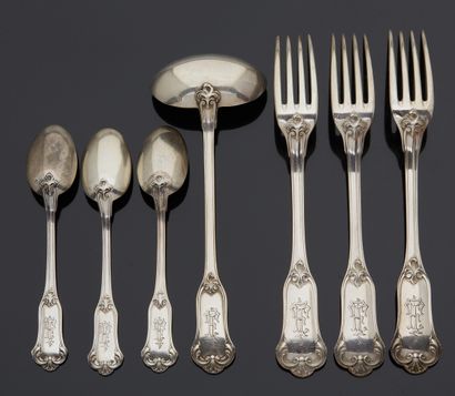 null Set of silver cutlery 1st title 950‰, consisting of eighteen table forks, three...
