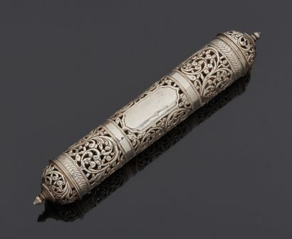 Silver Megillah case 2nd title 800‰, of cylindrical form, pierced with foliate scrolls...