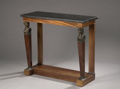 null Mahogany veneered rectangular CONSOLE. Two sheathed front legs with busts and...