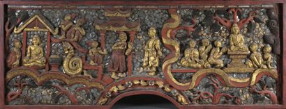 null Wooden panel painted in red and gold, with carved decoration in bas-relief of...