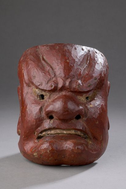 Red lacquered wood kyogen THEATER MASK, horned...
