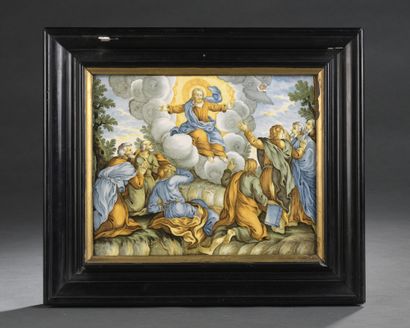 null Earthenware PLAQUE with polychrome decoration of a scene of the Ascension of...