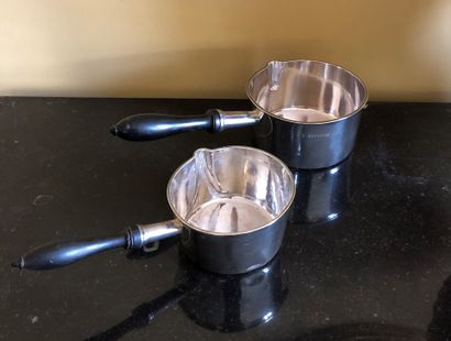 null Two silver pans, blackened wooden handles, shocks.


Gross weight : 228,6 g...