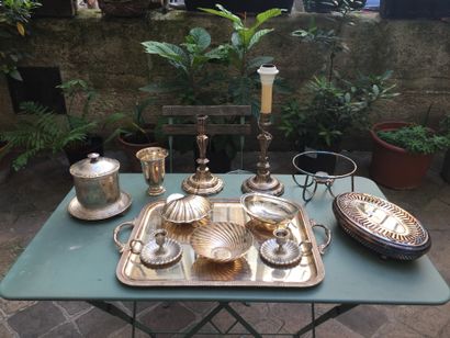  Lot of silver plated metal including tray, stoves, torches and various.
