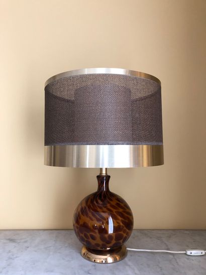 Modern lamp in gilded brass and smoked glass,...