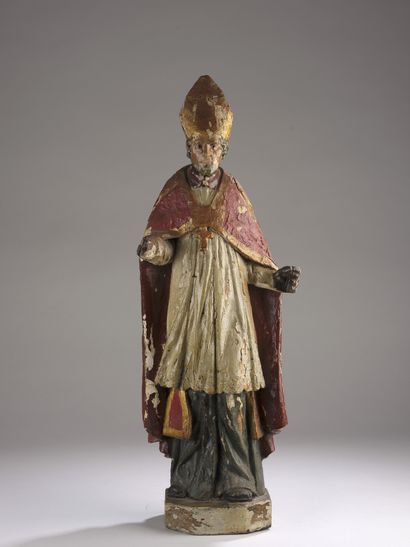 Saint character in polychrome wood. 
18th...