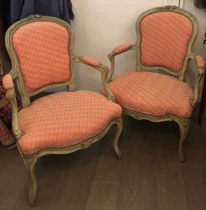 null Pair of armchairs in molded wood, carved and painted green, fabric graniture....