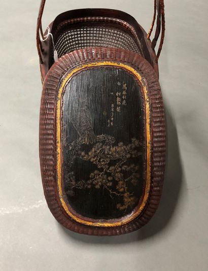 null Covered woven basket in exotic wood decorated with a flowery frieze, lid with...